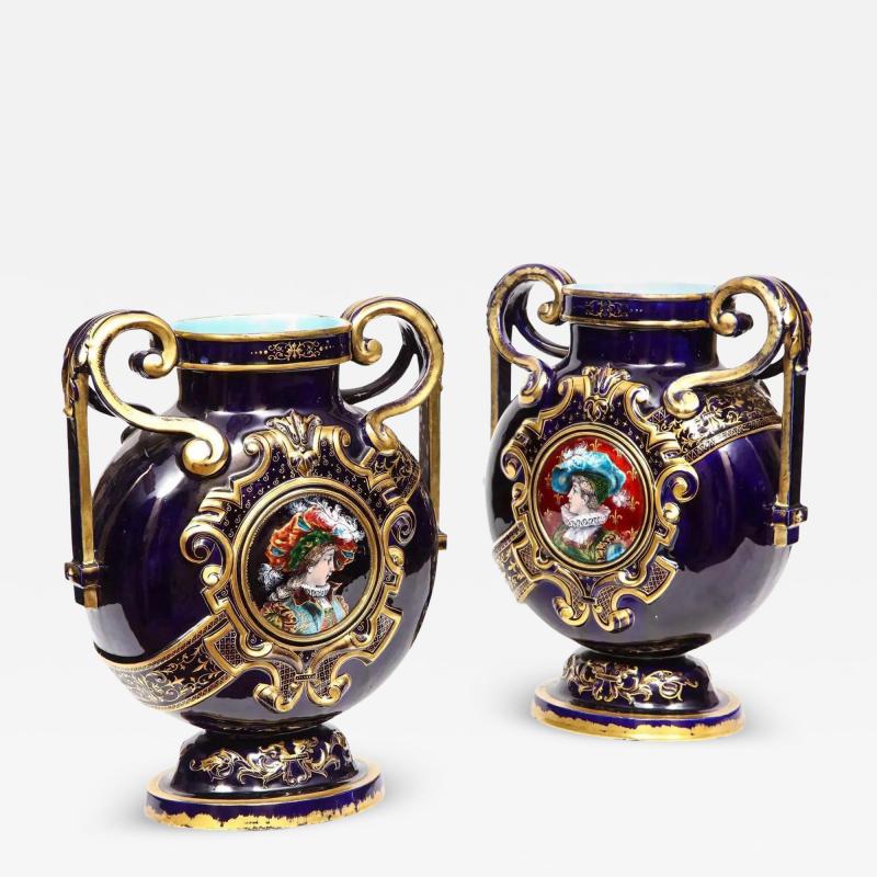 mile Gall Rare Pair of Emile Galle Cobalt Blue Porcelain and Limoges Enamel Portrait Vases