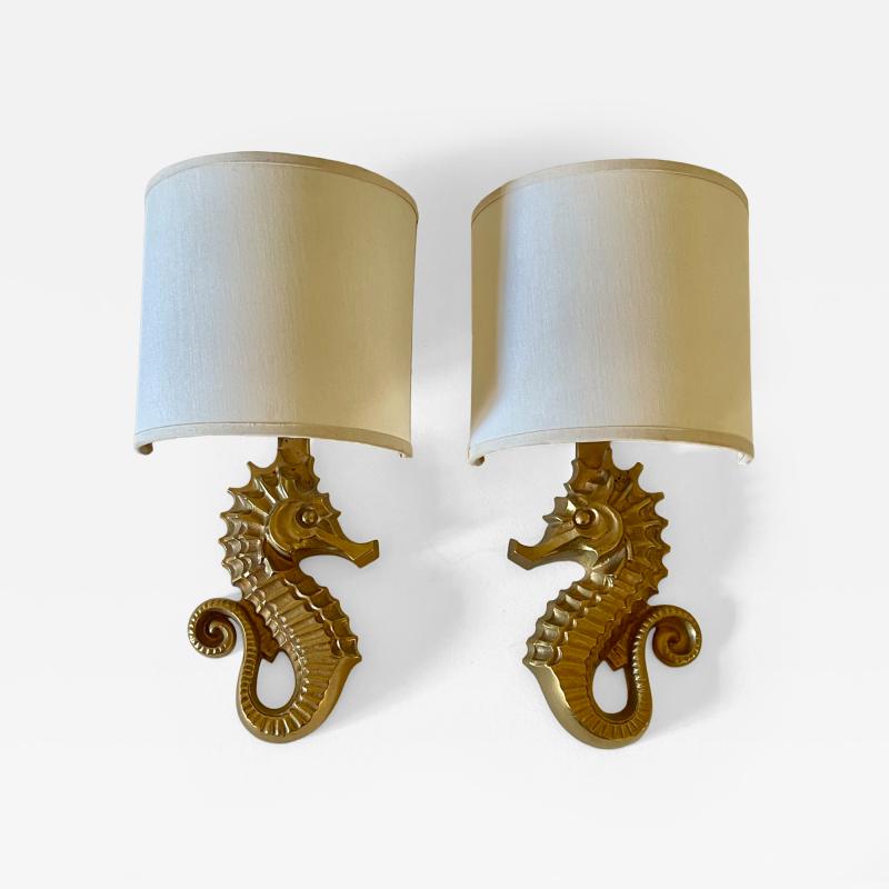  mile Guillemard Guillemard Bronze Seahorse Wall Lamps circa 1940