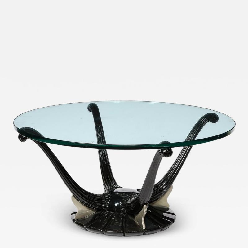  mile Jacques Ruhlmann Art Deco Cocktail Table with Fluted Black Lacquer Supports and Glass Top