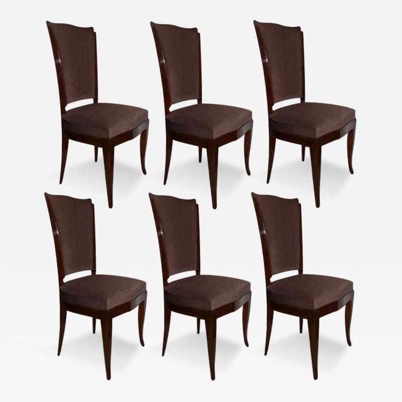  mile Jacques Ruhlmann Six French Art Deco Walnut Dining Side Chairs Brown Velvet Ruhlman Style