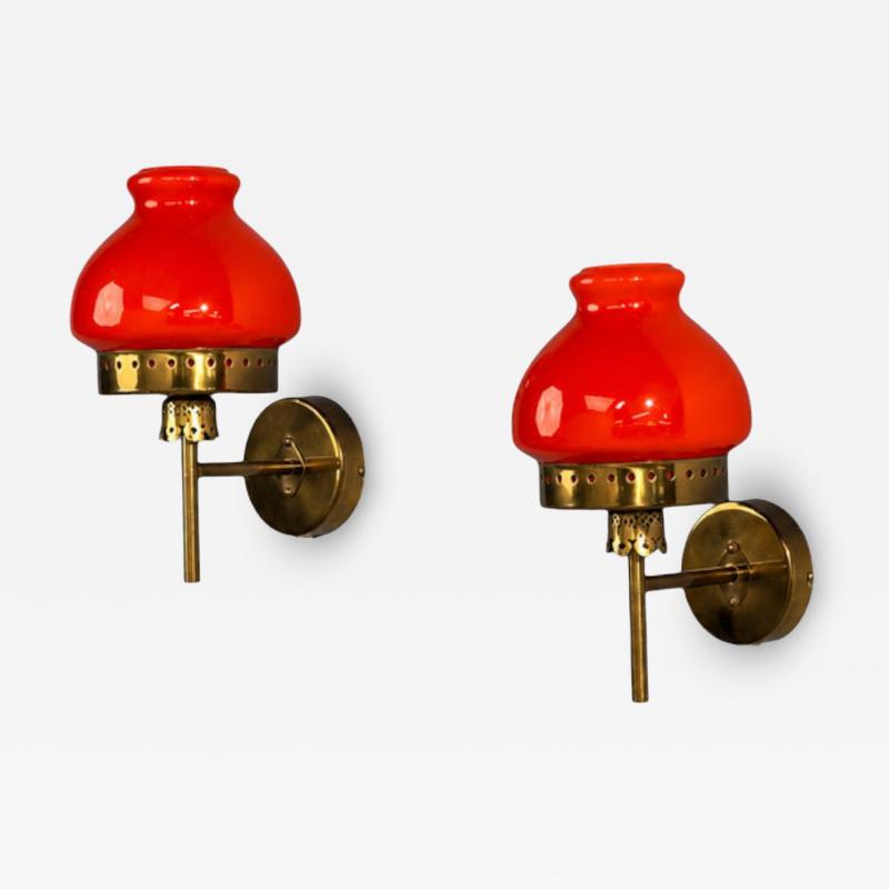 rsj Industri AB Wall Lights Brass Orange Glass Sweden 1970s