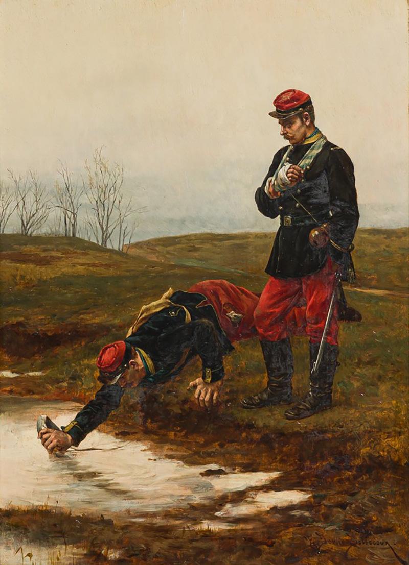  tienne Prosper Berne Bellecour French 19th C oil painting of 2 soldiers by a stream signed E Berne Bellacour
