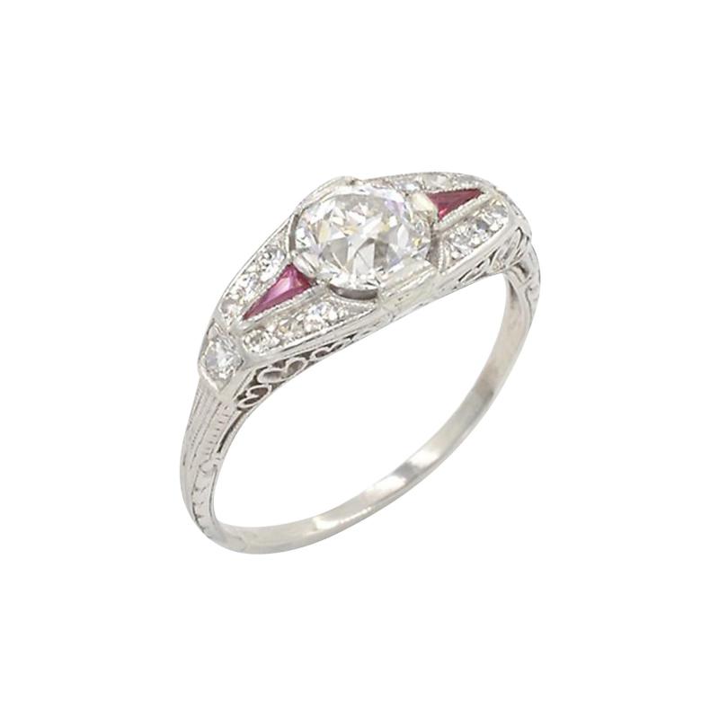 0 80 CARAT OLD EUROPEAN CUT DIAMOND AND RUBY ART DECO PLATINUM RING