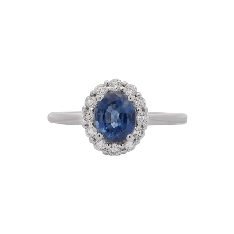 1 30 Carat Oval Deep Blue Sapphire Round Diamond 18K White Gold Ring