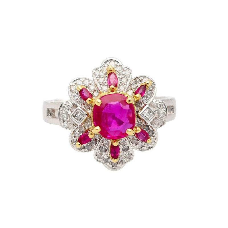 1 38 CTTW Natural Pinkish Red Ruby Diamond Floral Motif Ring in 14K White Gold