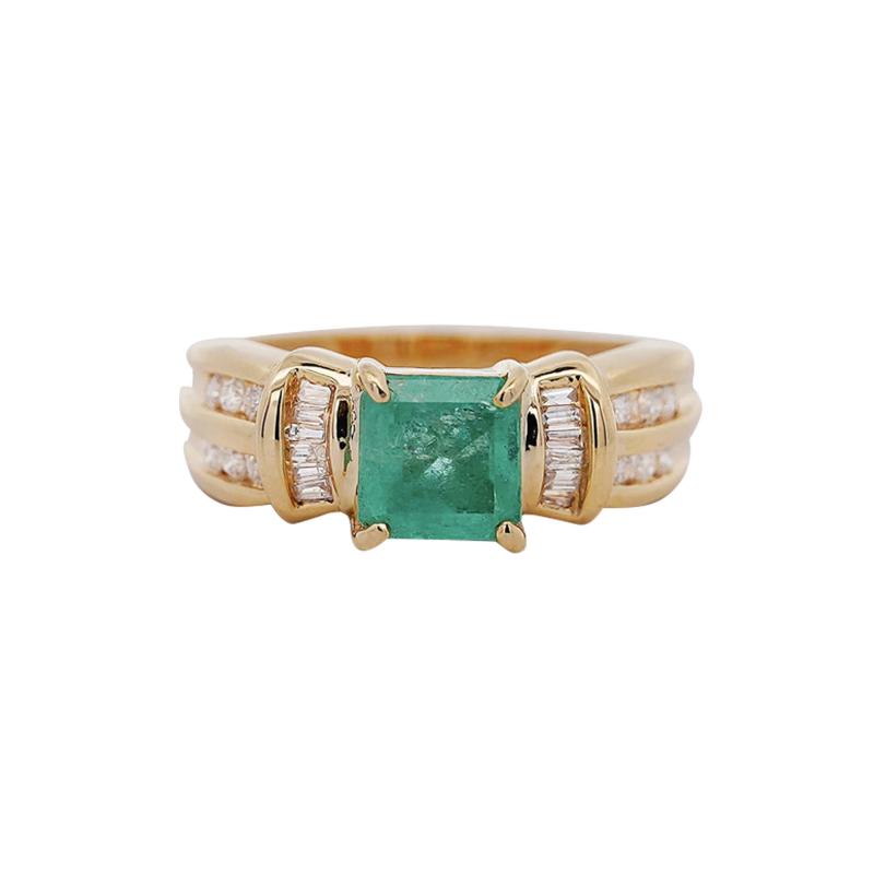 1 47 Carat Emerald With Round and Baguette Cut Diamond 14K Gold Statement Ring