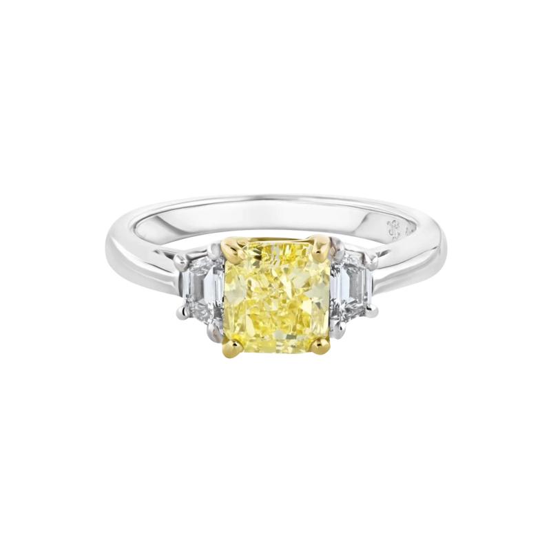 1 51 CARAT RADIANT CUT DIAMOND FANCY INTENSE YELLOW THREE STONE ENGAGEMENT RING