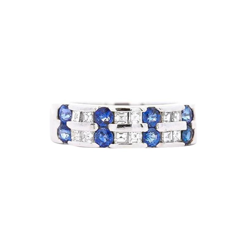 1 58 Carat Blue Round Sapphire Baguette Diamond Platinum 6MM Band Ring