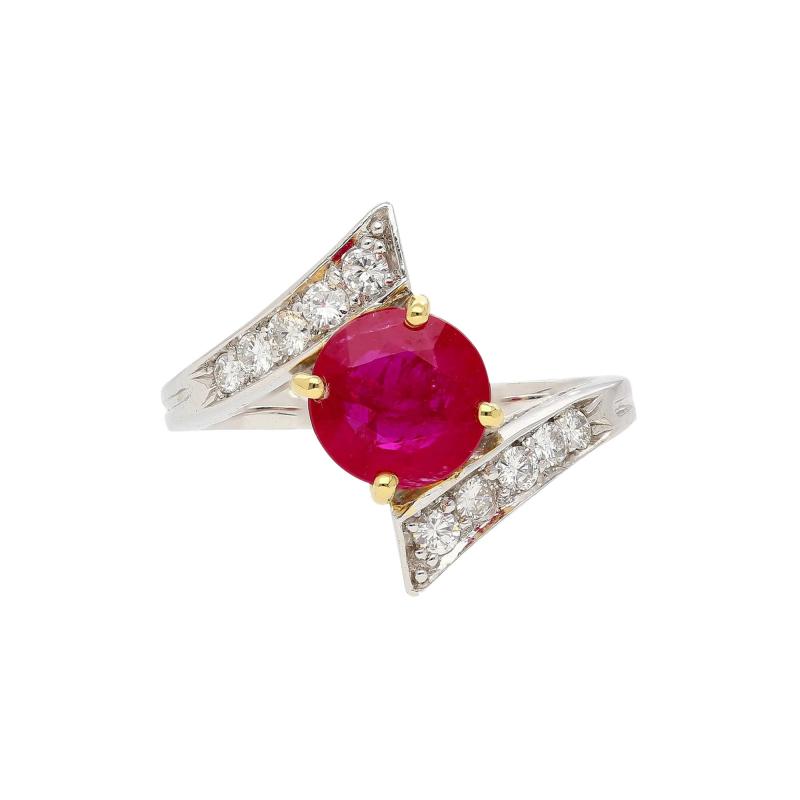 1 8 Carat Round Ruby Diamond Platinum and 18K Gold Bypass Ring