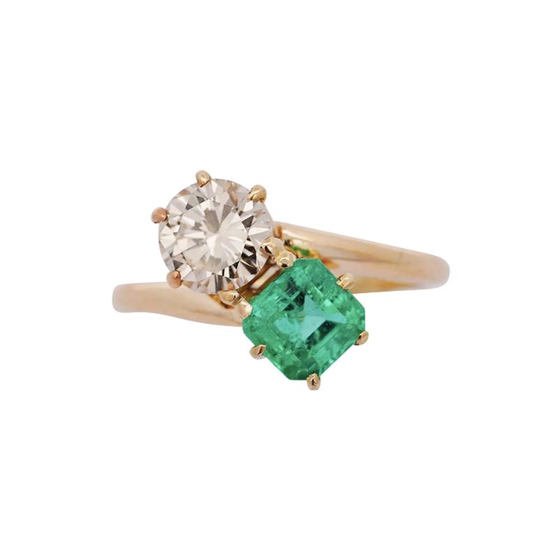 1 84 Carat Square Emerald Round Diamond 18K Gold Toi et Moi Bypass Ring