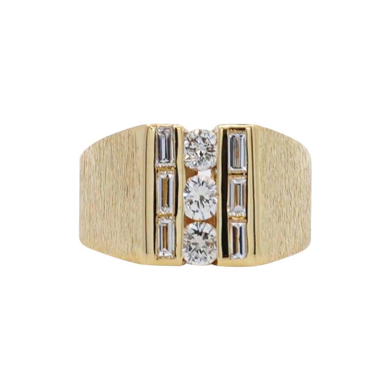 1 Carat Round Baguette Cut Diamond 18K Gold Matte Mens Ring