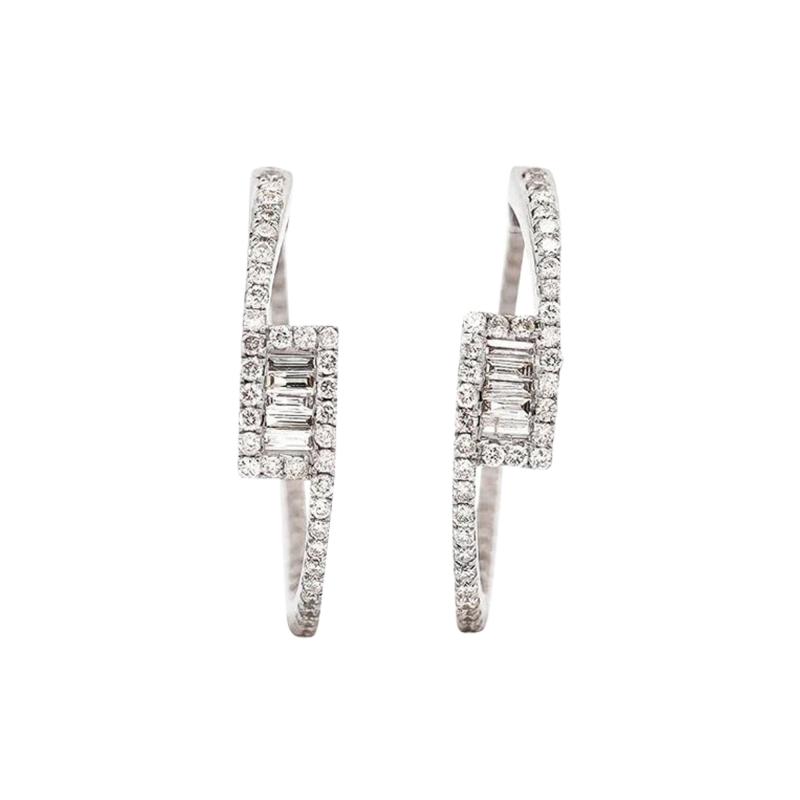 1 Carat Round and Baguette Diamond Bypass Hoop White Gold Earrings