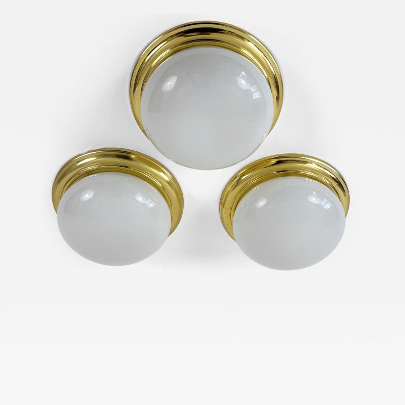 1 of 3 Vintage Brass Opaline Glass Flush Mounts or Sconces Germany 1970s
