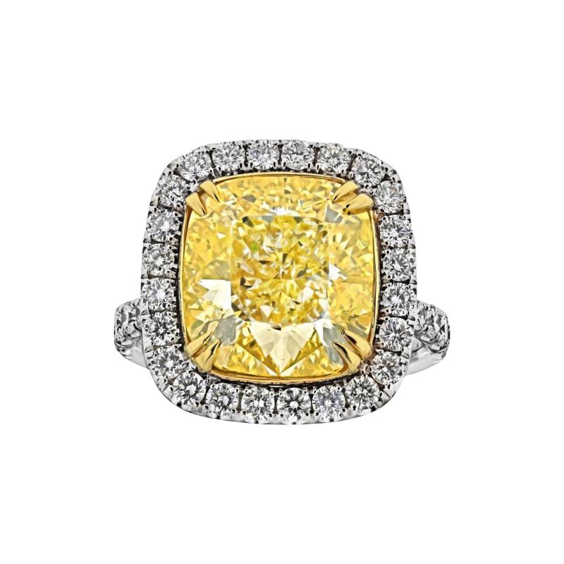 10 CARAT CUSHION CUT DIAMOND FANCY INTENSE YELLOW GIA HALO RING