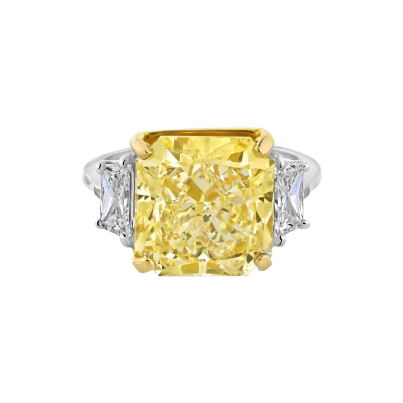 10 CARAT RADIANT CUT DIAMOND FANCY INTENSE YELLOW GIA TRAPS ON SIDE RING