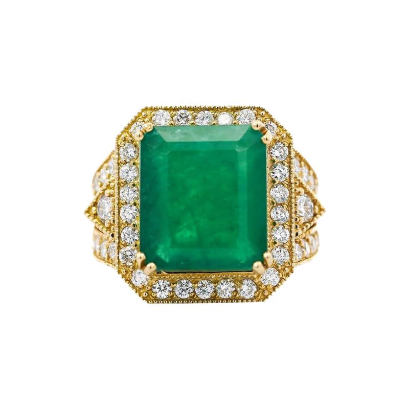 10 Carat Colombian Emerald Diamond Halo Split Shank in 18K Gold Statement Ring