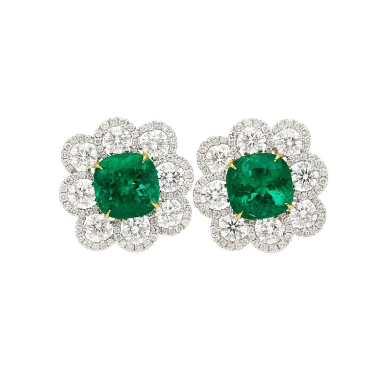 10 Carat Colombian Emerald GRS Certified Cushion Cut Minor Oil Diamond Earrings