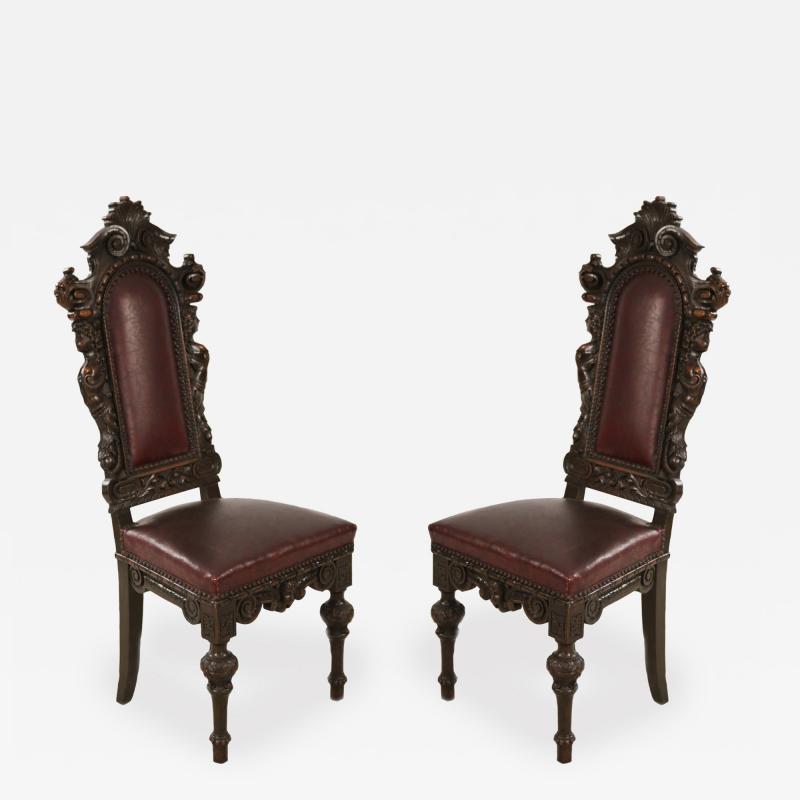 10 Italian Renaissance Style Walnut and Leather High Back Dining Side Chairs