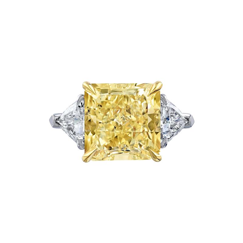 10 carat Radiant Cut Diamond Fancy Yellow GIA Three Stone Engagement Ring