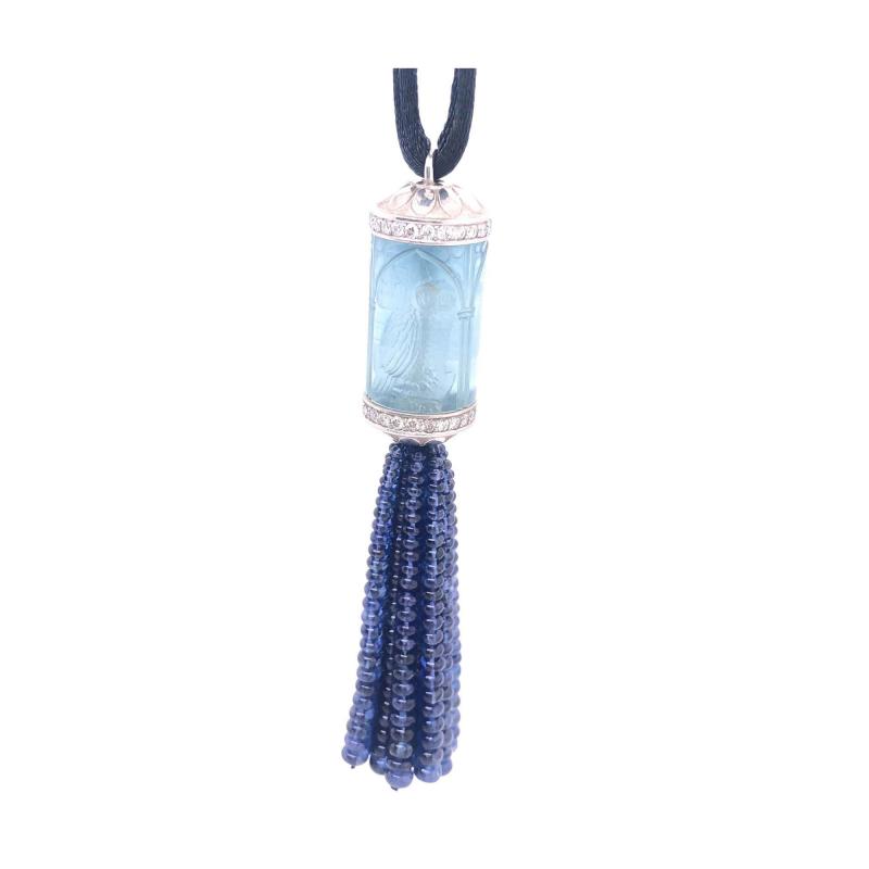 100 Carat Aquamarine Platinum and Diamond Pendant Tassle