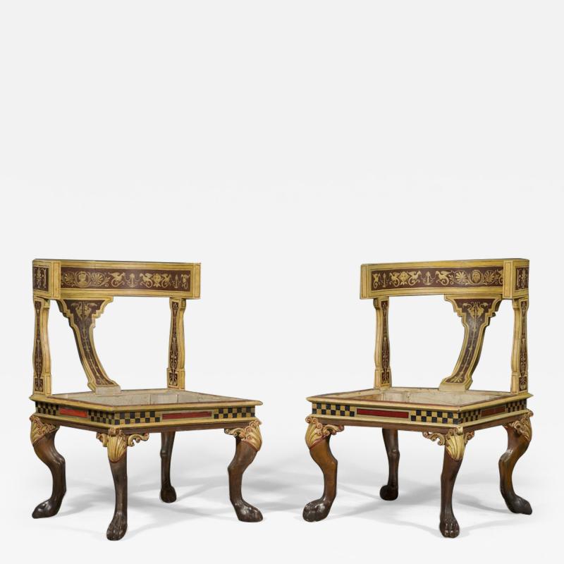 11665 AN UNUSUAL AND LARGE PAIR OF ETRUSCAN PAINTED KLISMOS INSPIRED CHAIRS