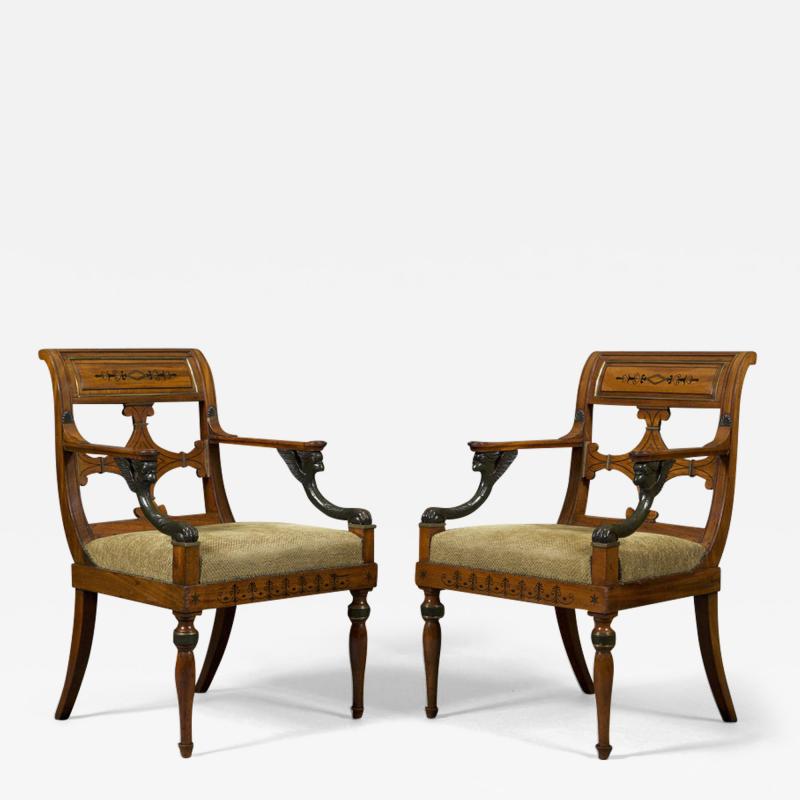 11701 PAIR OF NEOCLASSICAL EBONY AND GILT BRASS INLAID ARMCHAIRS