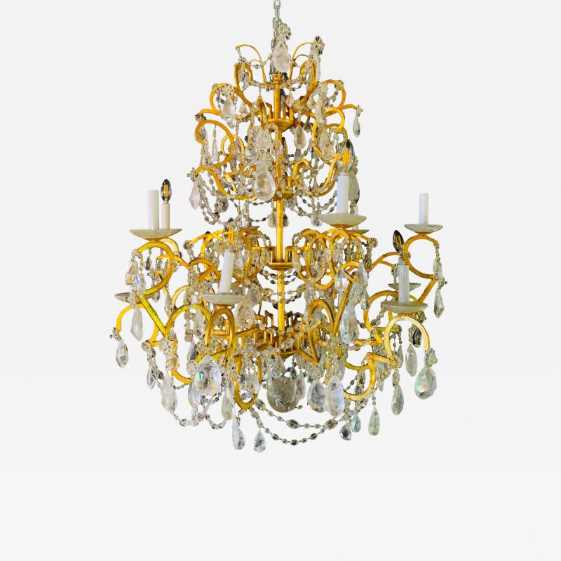 12 Light Gilt Metal Rock Crystal Chandelier Hollywood Regency in Style