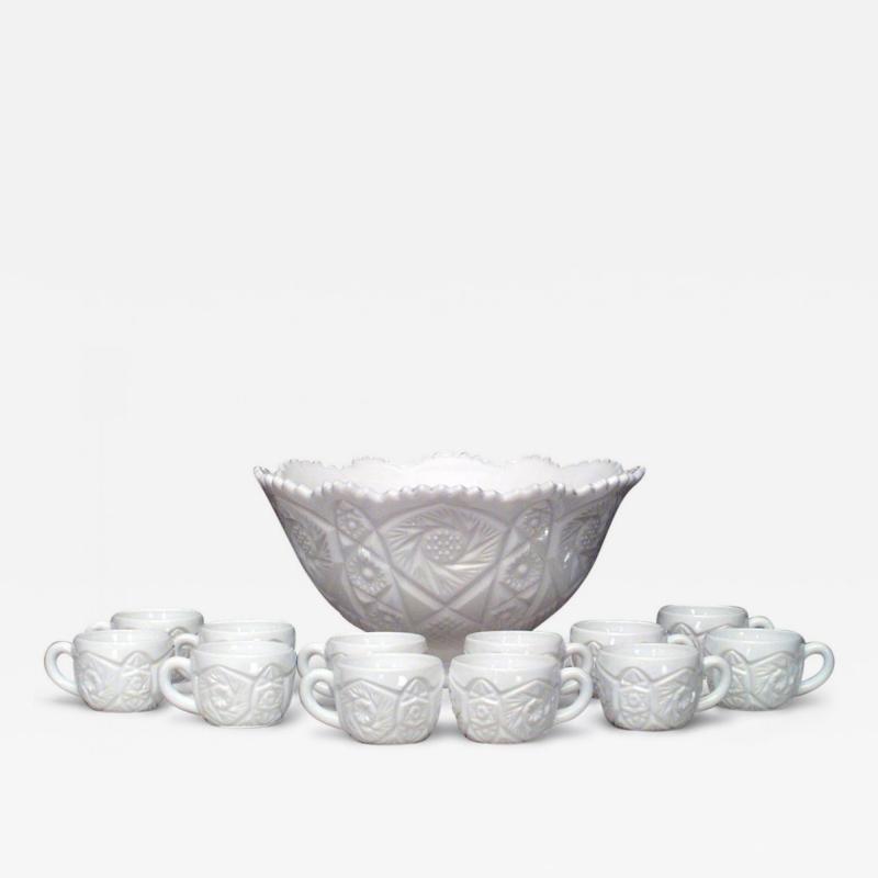 13 Piece American Art Deco Imperial Milk Glass Punch Bowl Set
