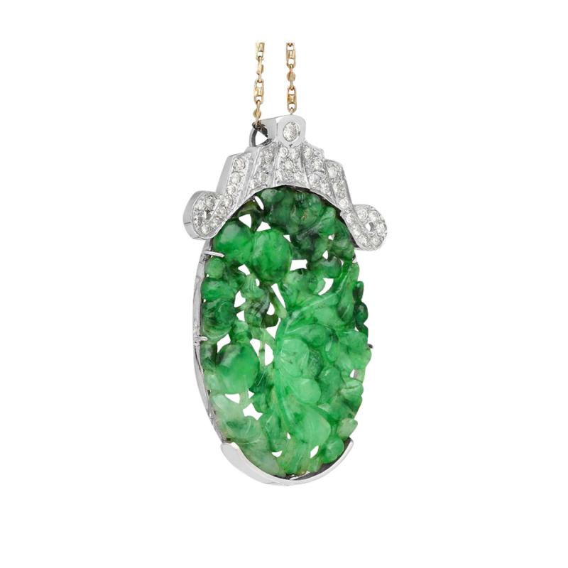 14 Karat White Gold Carved Grade A Jadeite Jade Pendant Necklace