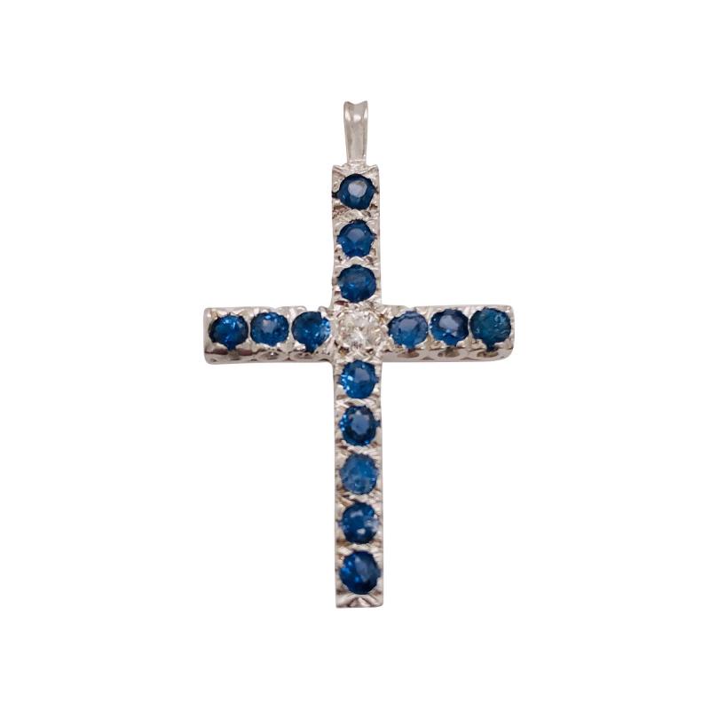 14 Karat White Gold Diamond and Blue Sapphire Cross Pendant