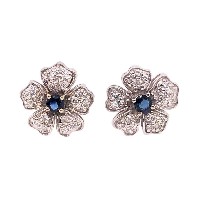 14 Karat White Gold Diamond and Sapphire Flower Stud Button Earrings