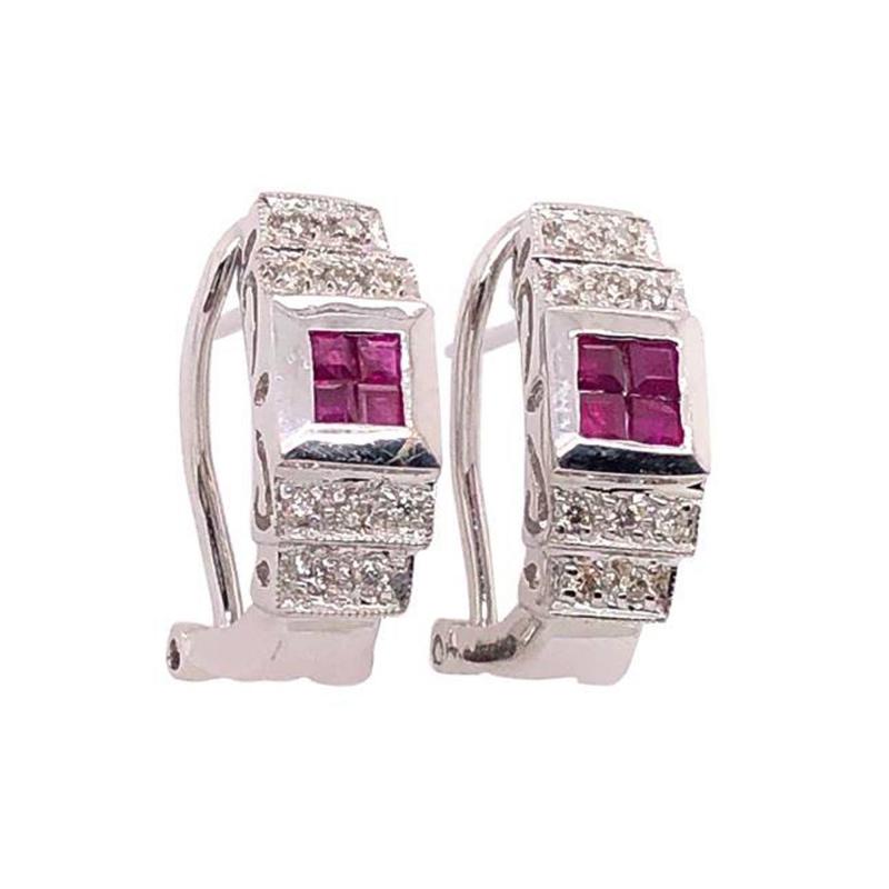 14 Karat White Gold French Back Half Hoop Ruby and Diamond Earrings