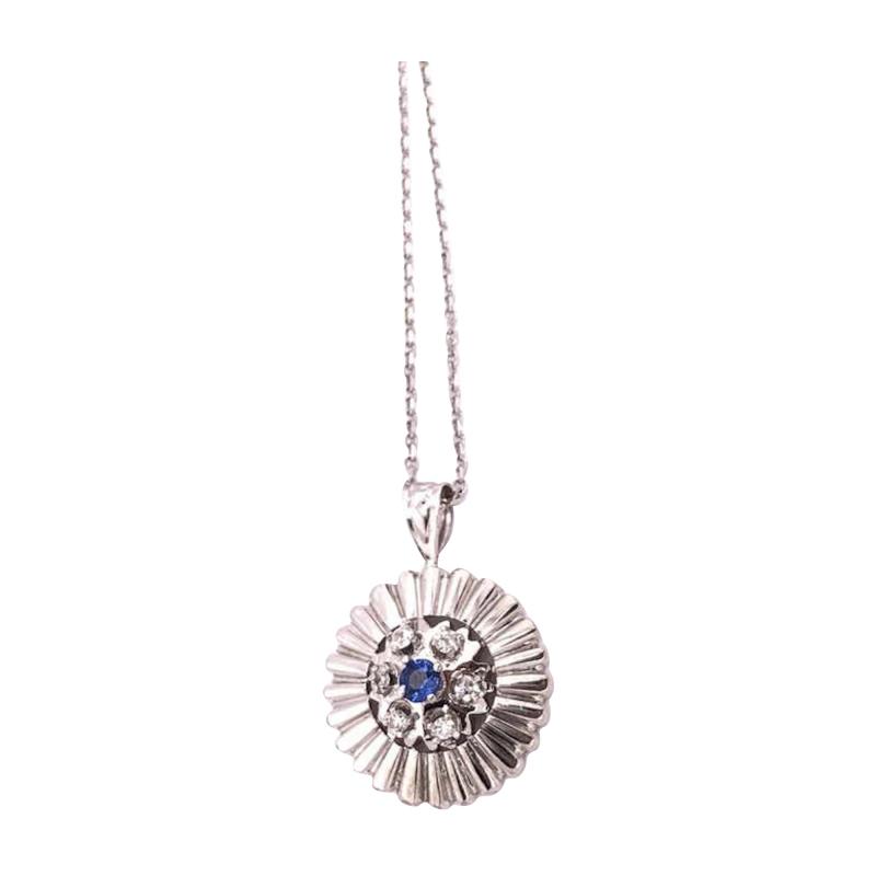 14 Karat White Gold Sapphire with Diamond Accents Pendant Necklace