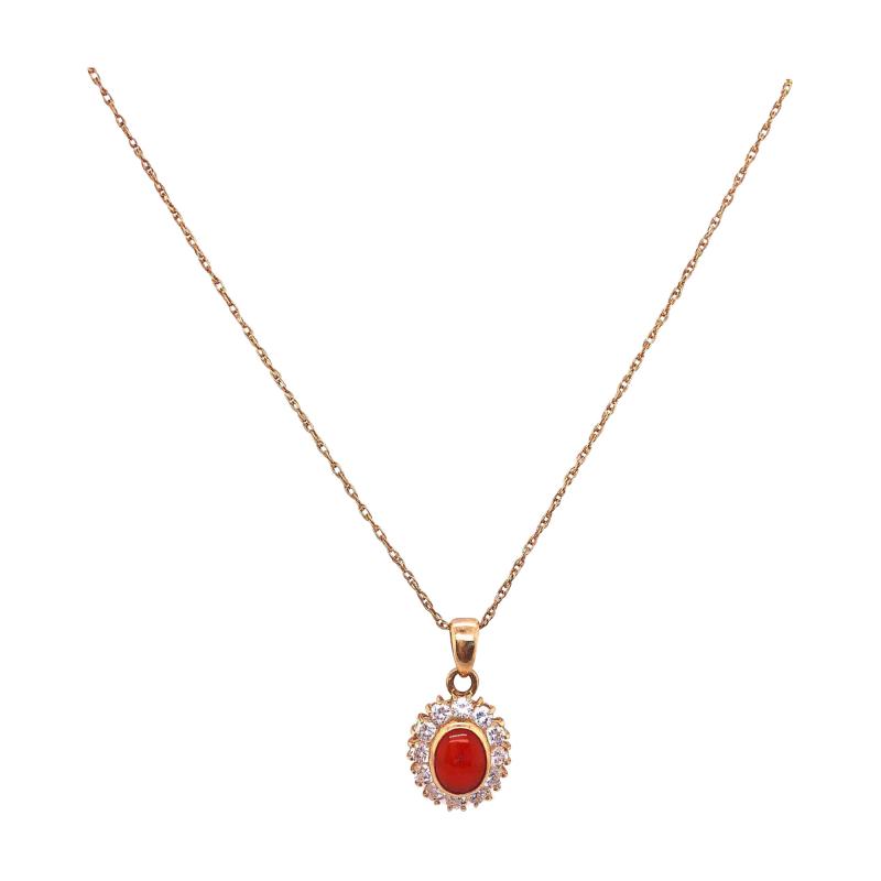 14 Karat Yellow Gold Necklace with Oval Coral and Round Zirconium Pendant