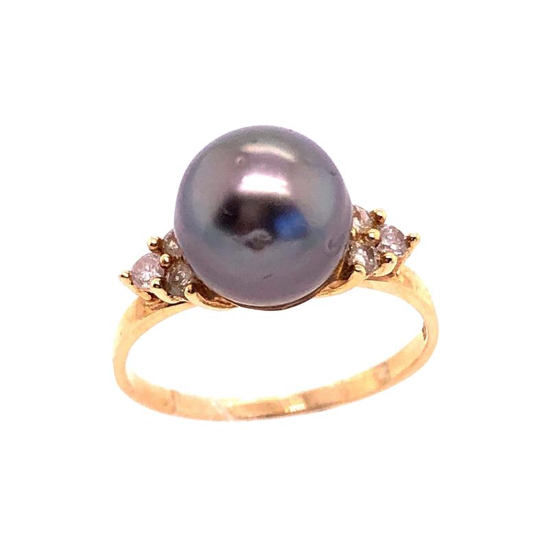 14 Karat Yellow Gold Ring Black Pearl Solitaire with Diamond Accents