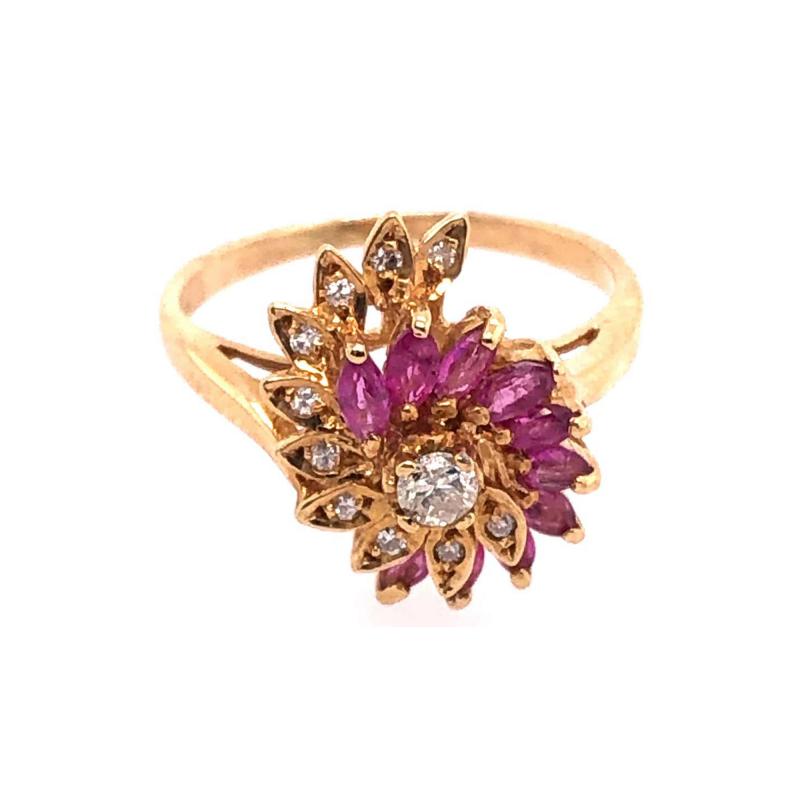 14 Karat Yellow Gold Ruby and Diamond Swirl Ring