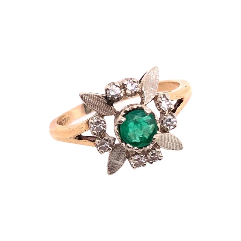 14 Karat Yellow and white Gold Emerald Solitaire with Diamond Accents Ring