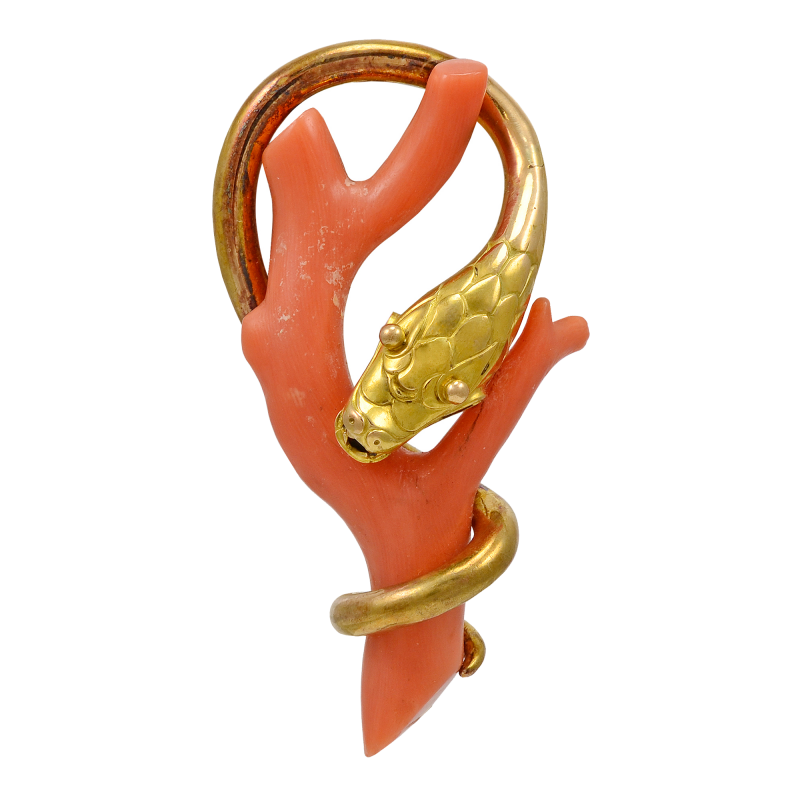Victorian Branch Coral Brooch with Gold Snake