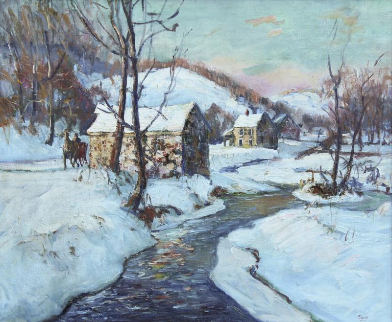 Walter Emerson Baum Oil on Canvas Winter Landscape Entitled Mill 