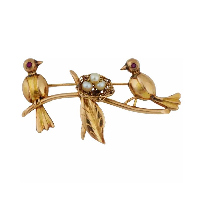 14K Gold Love Birds Ruby Eyes Natural Pearls Brooch