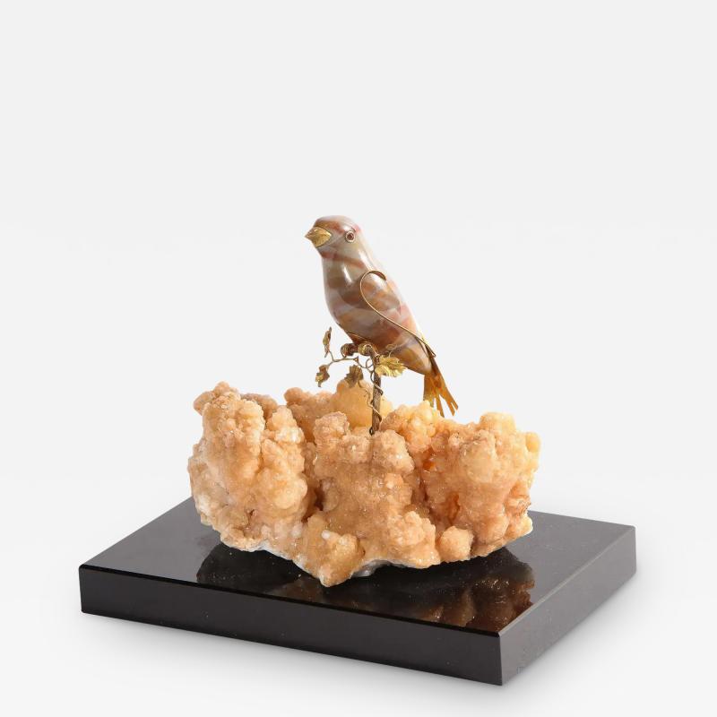 14K Gold Mounted Agate Bird on Selenium Stone Mounted on Black Glass