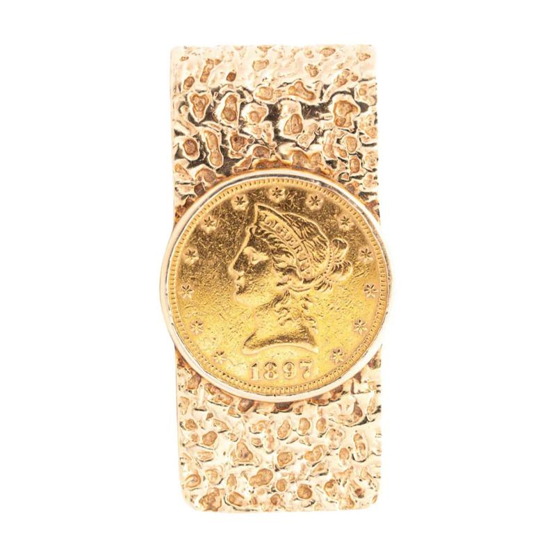 14K Gold Nugget Style 1897 20 Dollar Lady Liberty Coin Money Clip