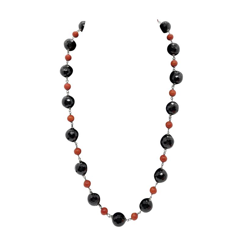 14K Gold Onyx and Coral Deco Style Beaded Necklace