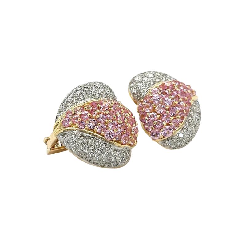 14K Gold Pink Sapphire and Diamond Heart Shaped Cluster Clip On Earrings