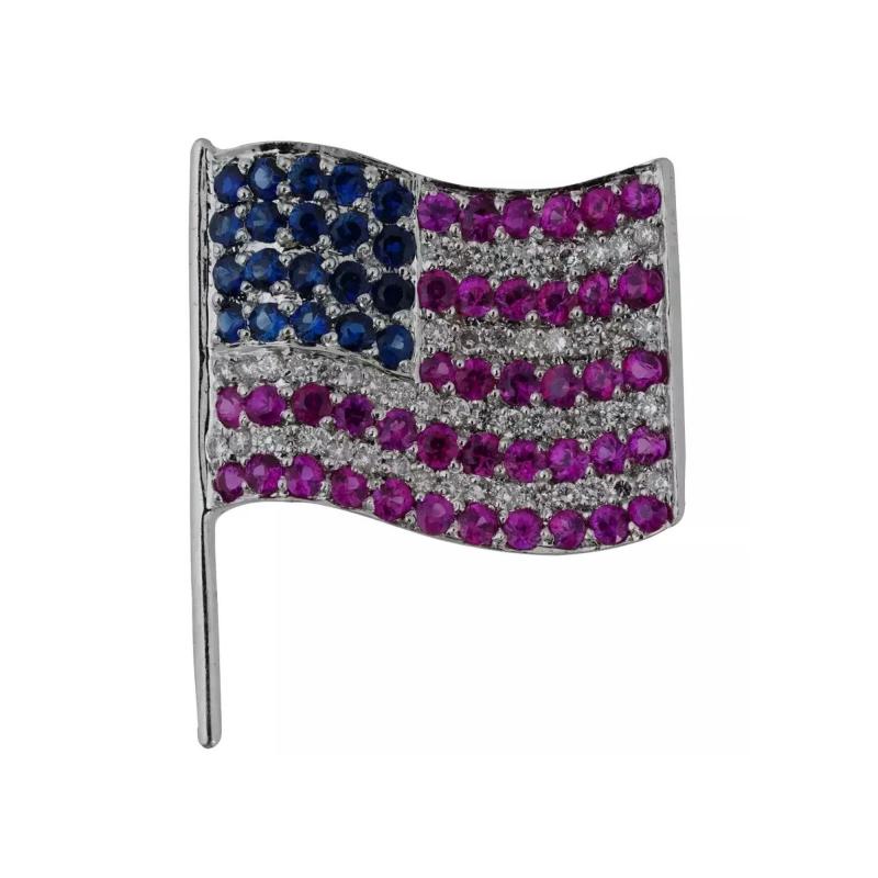 14K Gold Ruby Sapphire Diamond USA American Flag Brooch