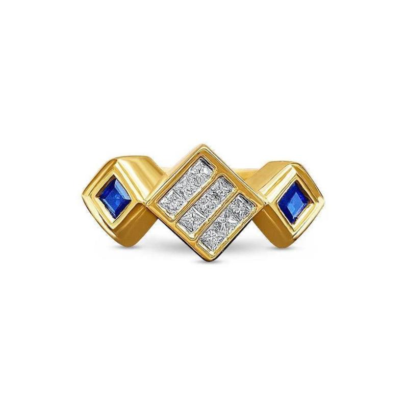 14K Gold Unisex Princess Cut Diamond and Blue Sapphire Cluster Ring