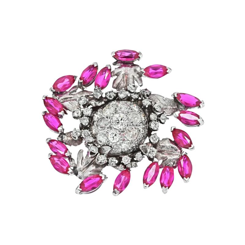 14K PALLADIUM DIAMOND AND RUBY BROOCH