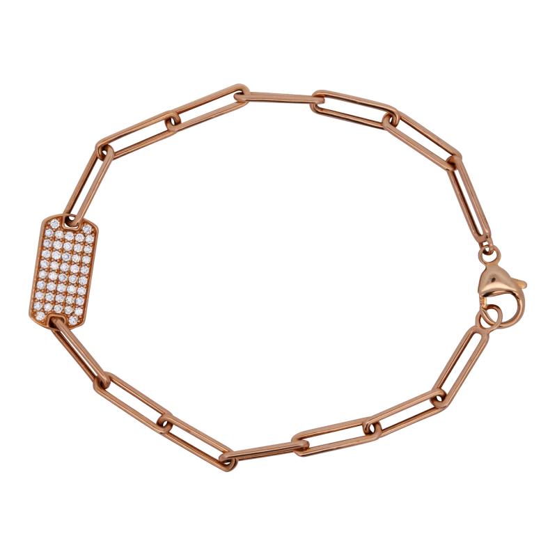 14K Rose Gold ID Tag Round Diamond Pave Cable Link Chain Bracelet