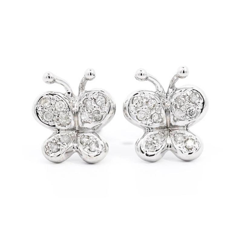 14K Solid White Gold Natural Diamond Cluster Butterfly Stud Earring