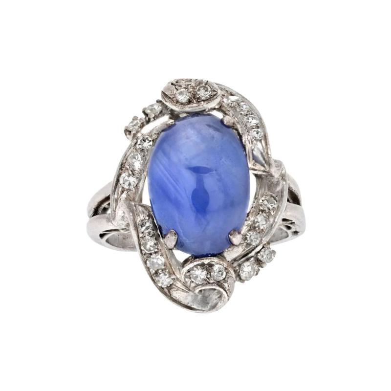 14K WHITE GOLD DIAMOND AND BLUE STAR SAPPHIRE DECO RING